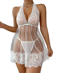 Nuisette à Col Halter en Dentelle avec String