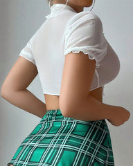 Ensemble Sensuel Style Uniforme avec Jupe à Carreaux