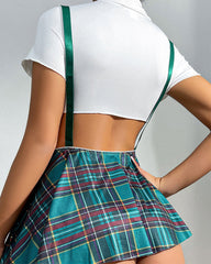 Ensemble Sexy 3 Pièces avec Crop Top, Jupe Plissée & Slip